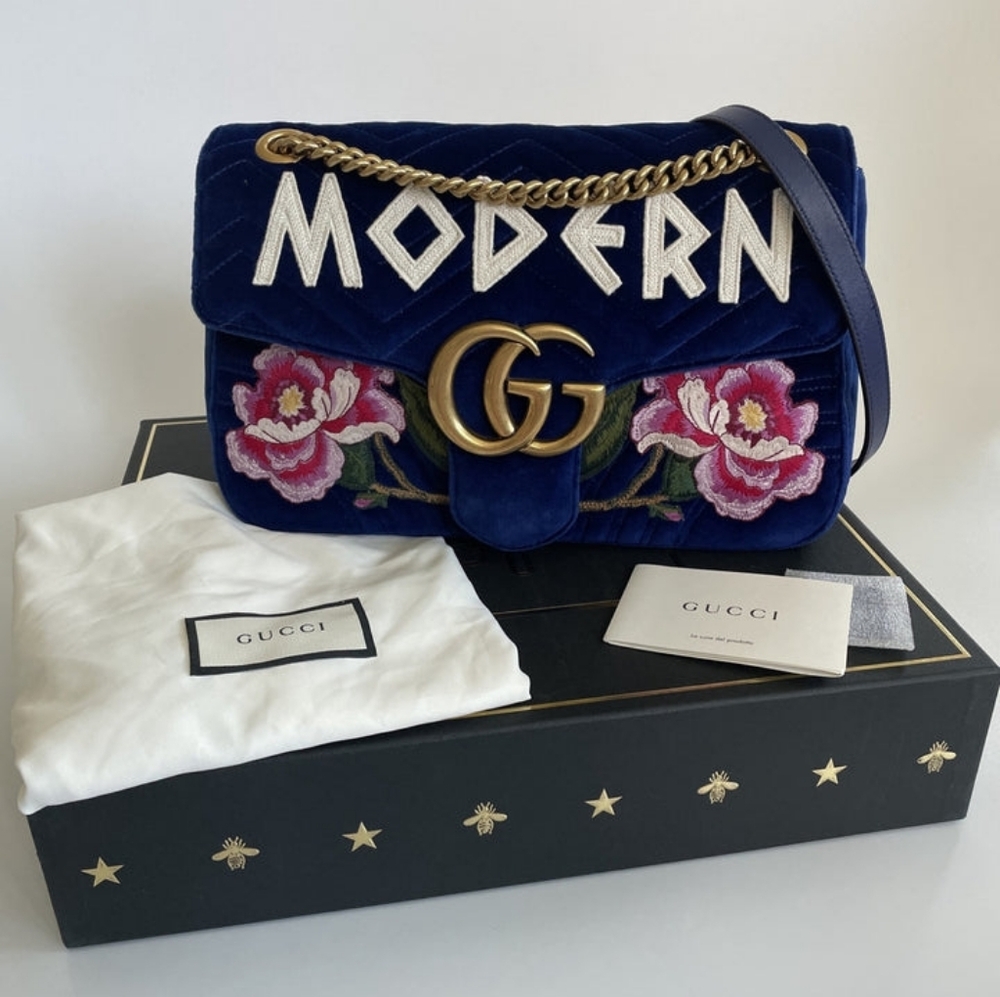 GUCCI | MARMONT MED. VELVET BAG | BLUE